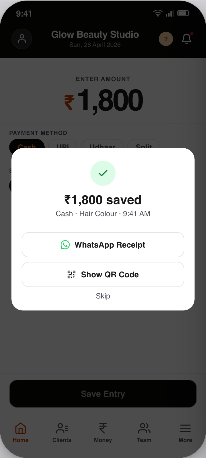 CutBooks entry saved: ₹1,800 Hair Colour recorded, with options to send a WhatsApp receipt, show a QR code, or skip.